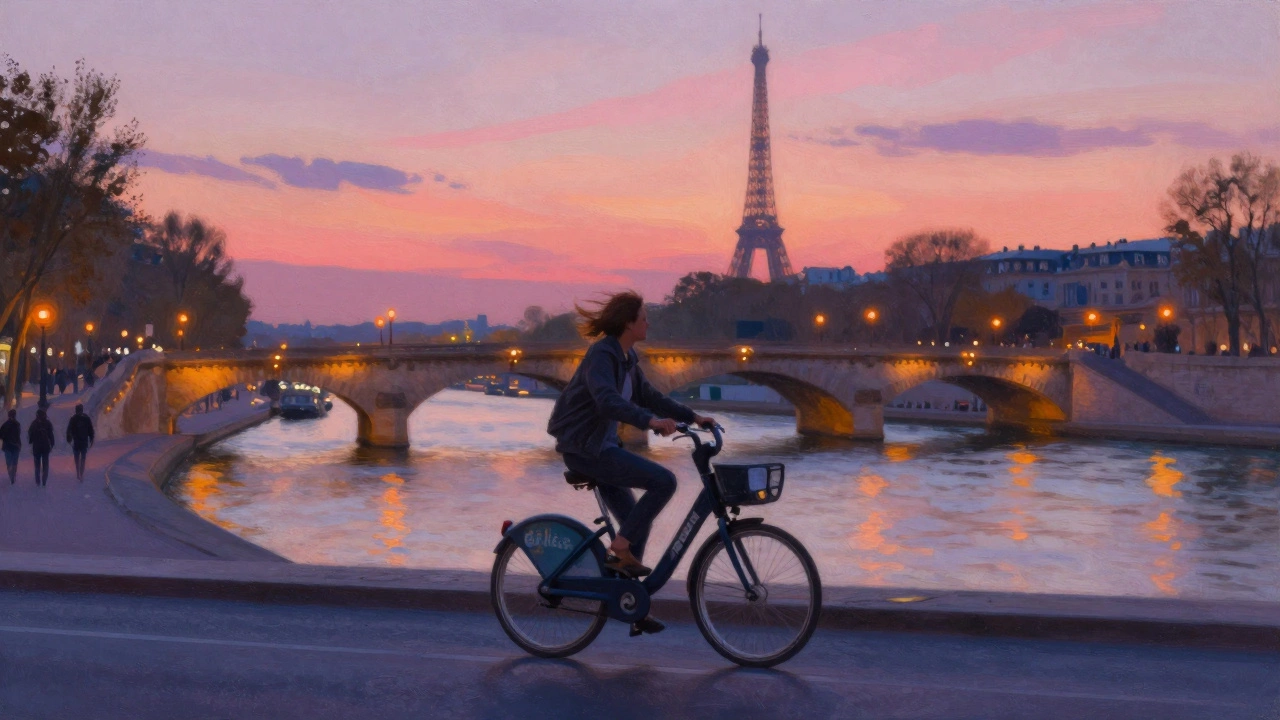 A person cycling along the Seine at sunset under a bridge, the Eiffel Tower glowing in the distance.