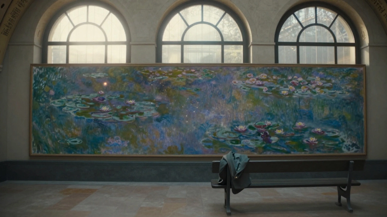 An empty Musée d’Orsay at dawn, sunlight highlighting Monet&#039;s Water Lilies with no visitors around.